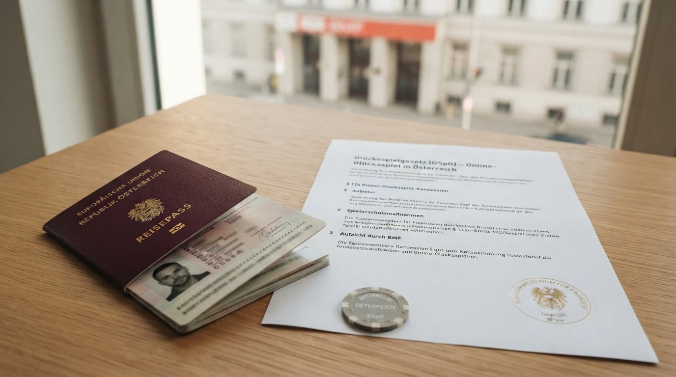 Ein österreichischer Reisepass liegt neben einem Ausdruck des Glücksspielgesetzes; im Hintergrund ist das BMF-Gebäude in Wien schemenhaft zu erkennen.