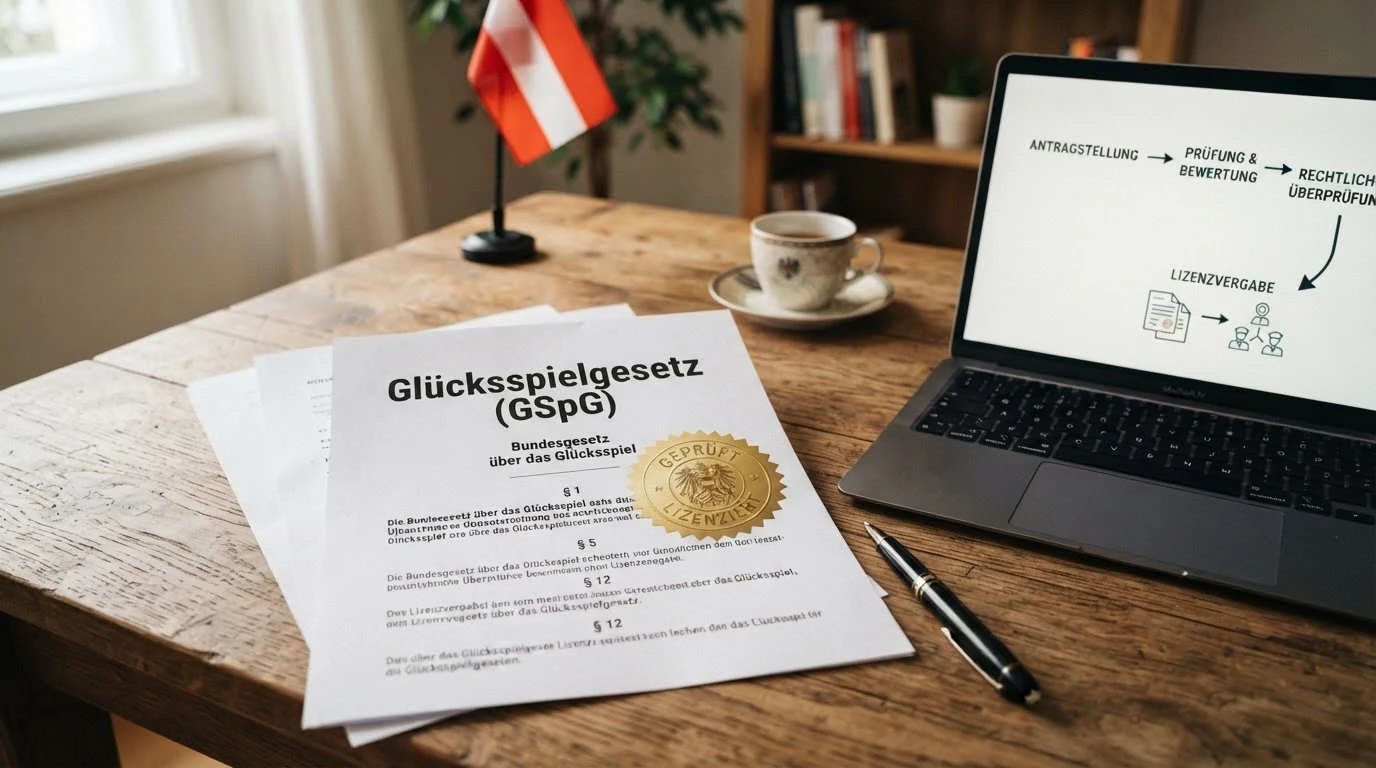 Amtliches Dokument mit dem Schriftzug „Glücksspielgesetz (GSpG)“ und dem österreichischen Bundeswappen, im Hintergrund das BMF-Gebäude