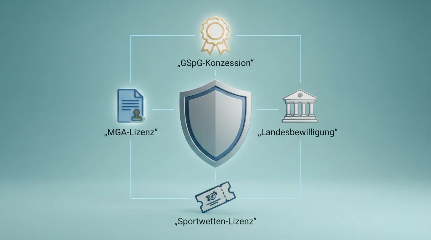 Schematischer Vergleich der Lizenztypen im österreichischen Glücksspielmarkt: GSpG-Konzession, MGA-Lizenz, Landesbewilligung und Sportwetten-Lizenz
