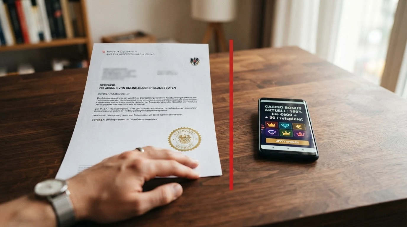 Ein österreichisches Amtsdokument mit Siegel neben einem Bildschirm, der ein Casino-Bonus-Angebot zeigt — eine rote Linie trennt beide Hälften