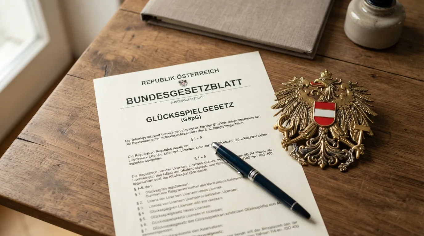 Ein amtliches Dokument mit der Aufschrift „Glücksspielgesetz“ liegt auf einem Schreibtisch, daneben das österreichische Wappen