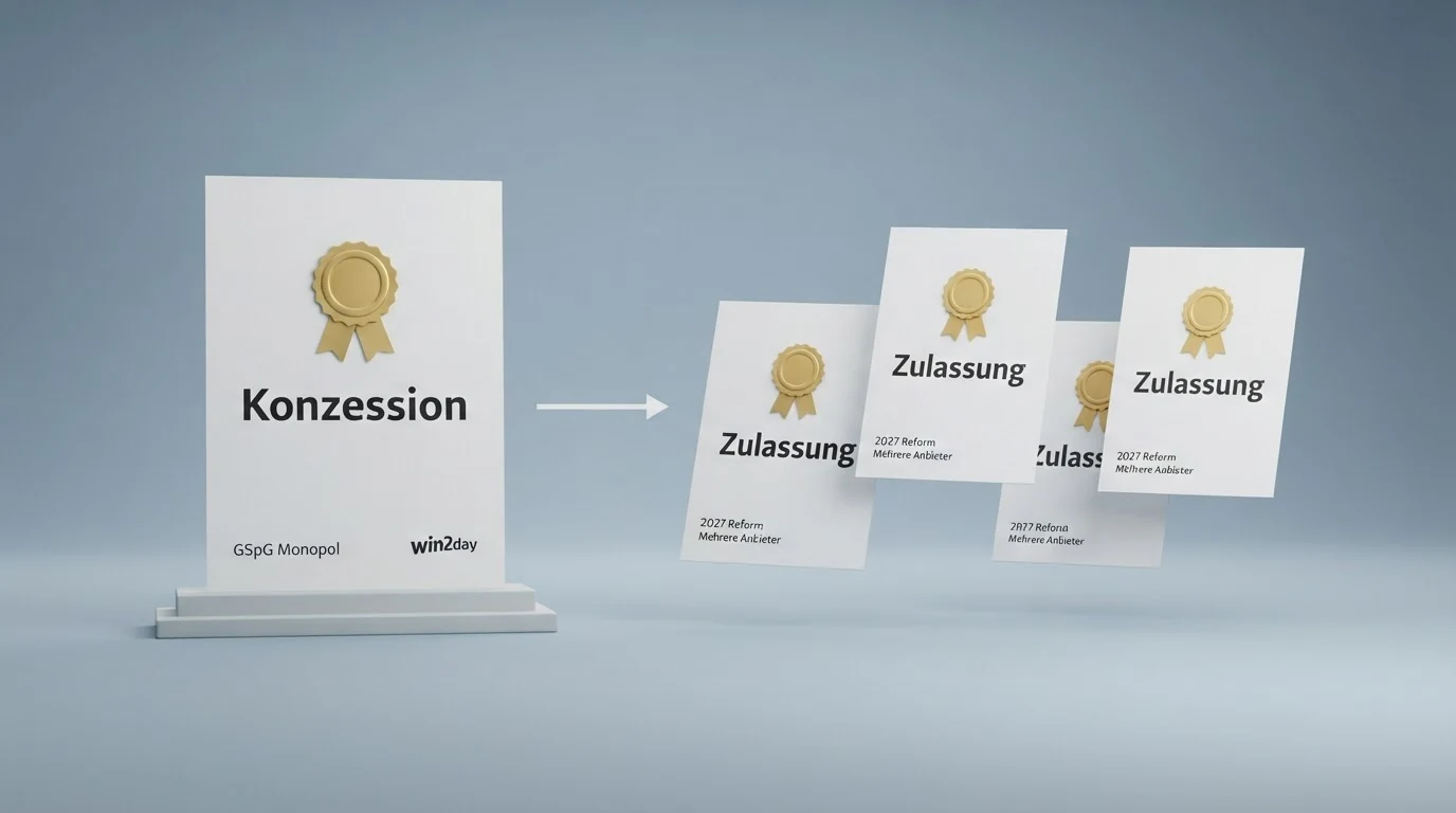 Eine Zeitleiste der österreichischen Glücksspielregulierung: links das GSpG-Monopol mit win2day als einzigem Konzessionär, rechts die geplante Reform mit offenem Konzessionssystem ab 2027