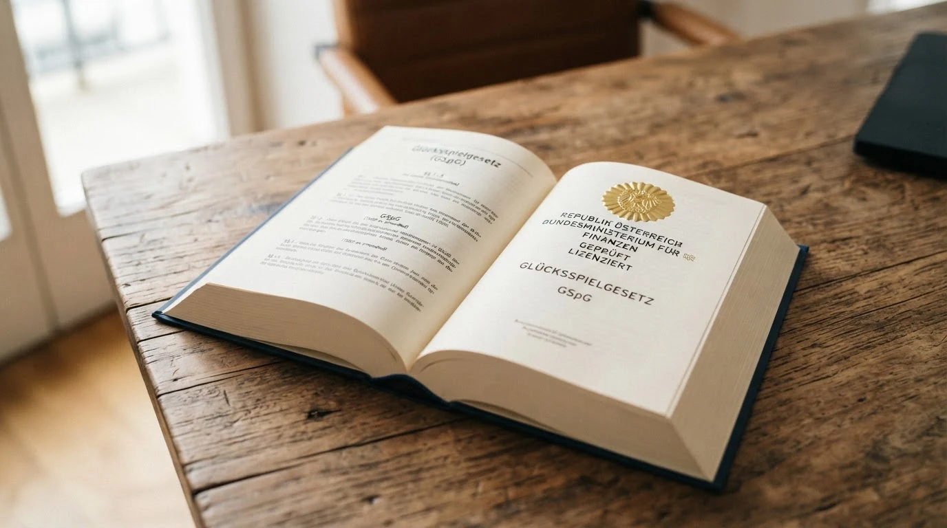 Aufgeschlagenes Gesetzbuch mit sichtbarem Paragraphenzeichen und dem Text „Glücksspielgesetz — GSpG“, daneben das offizielle Logo des Bundesministeriums für Finanzen.