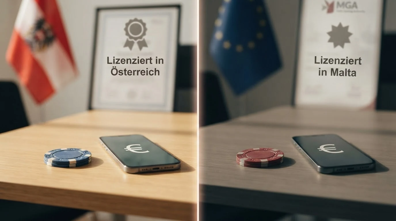 Eine schematische Gegenüberstellung: links das österreichische Staatsgebiet mit win2day und dem GSpG-Rahmen 85–95 %, rechts internationale Anbieter mit höheren RTP-Bereichen aber ohne AT-Konzession, getrennt durch eine gestrichelte Linie die das Monopol symbolisiert