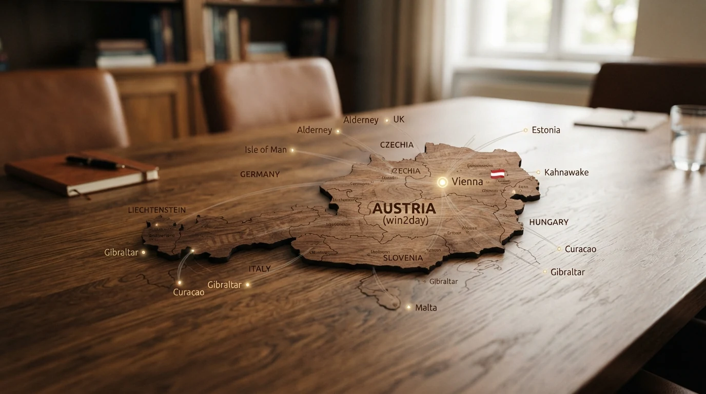 Eine stilisierte Österreich-Karte mit einem hervorgehobenen Punkt für win2day und neun Punkten ausserhalb der Landesgrenzen, die auf Offshore-Lizenzstandorte verweisen