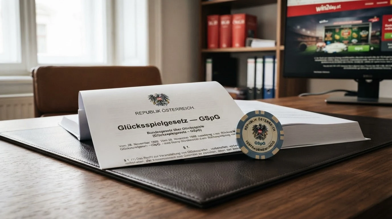 Ein amtliches Dokument mit dem österreichischen Bundeswappen und dem Titel „Glücksspielgesetz — GSpG“ auf einem Schreibtisch