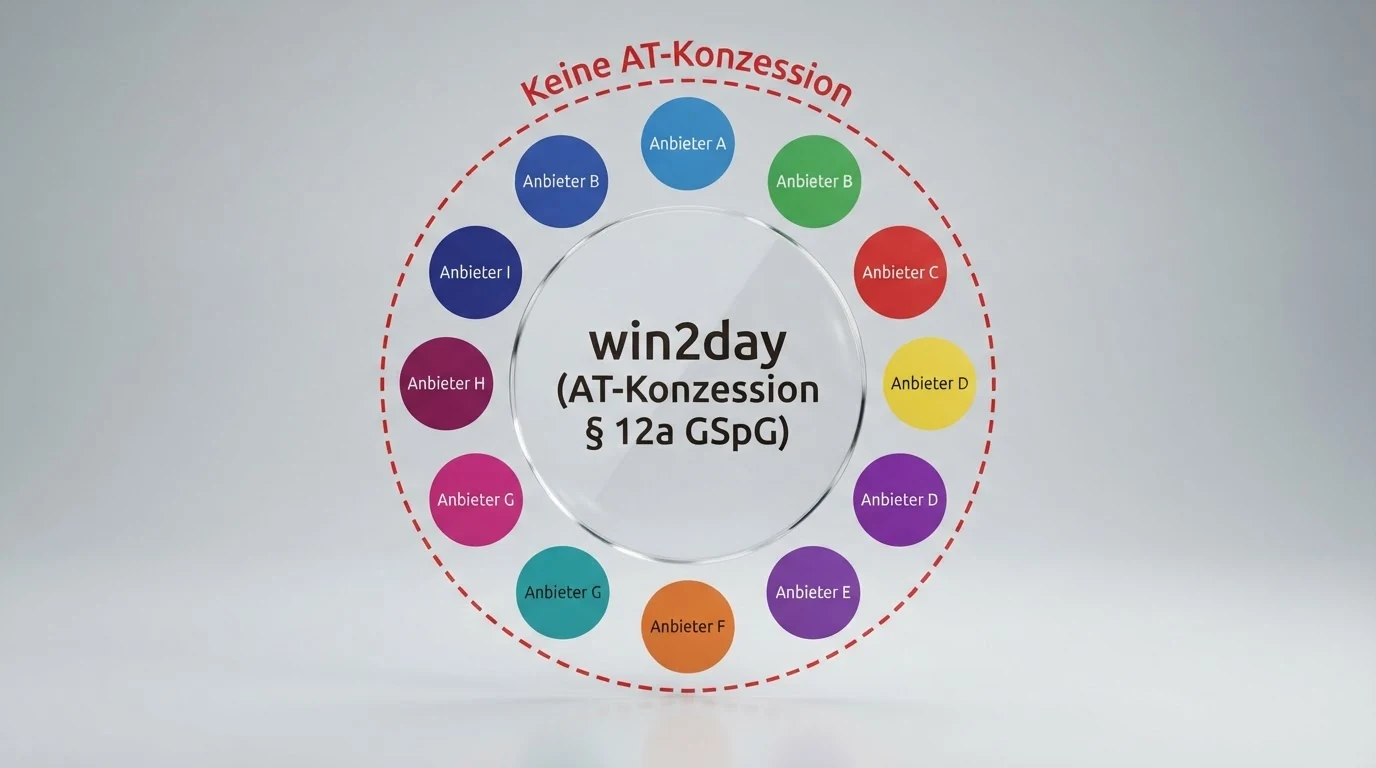 Ein grafisches Schema: Ein Kreis mit „win2day (AT-Konzession § 12a GSpG)“ ist von einem roten gestrichelten Kreis mit „Keine AT-Konzession“ umgeben, außerhalb stehen neun Casino-Namen unter „MGA / Curaçao / GGL“