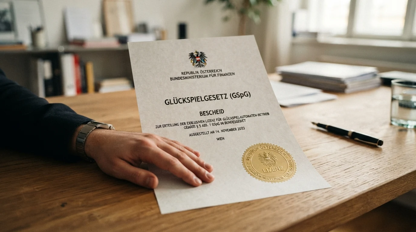 Offizielles Dokument mit dem österreichischen Bundesadler und dem Titel Glücksspielgesetz auf einem Schreibtisch