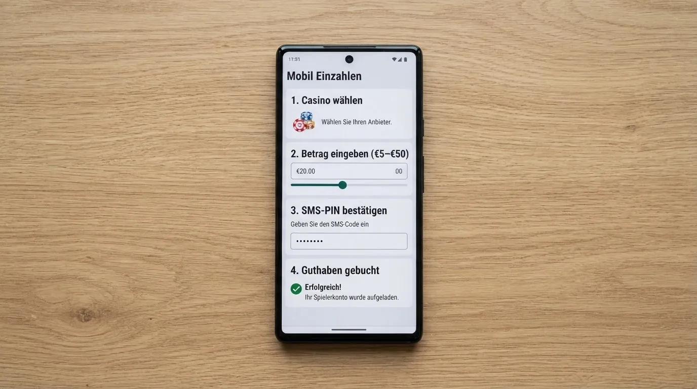 Ein Smartphone-Bildschirm zeigt schematisch die vier Schritte der Casino-Einzahlung per Handyrechnung: Casino auswählen, Betrag zwischen €5 und €50 eingeben, Zahlung per SMS-PIN bestätigen, sofortige Guthabenbuchung auf dem Spielkonto.