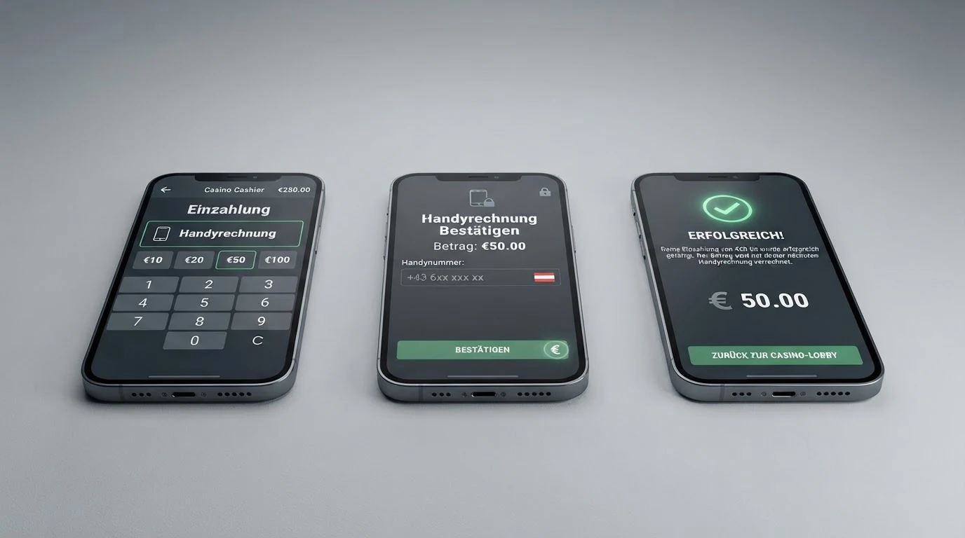 Drei Smartphone-Bildschirme nebeneinander, die den dreistufigen Einzahlungsvorgang zeigen: Betrag auswählen, Telefonnummer eingeben, SMS-Code bestätigen