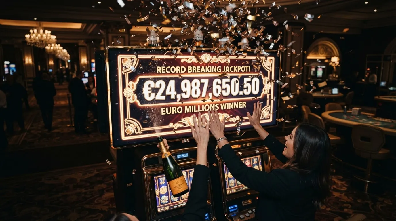 Eine große goldene Euro-Summe mit Konfetti vor einem dunklen Casino-Hintergrund