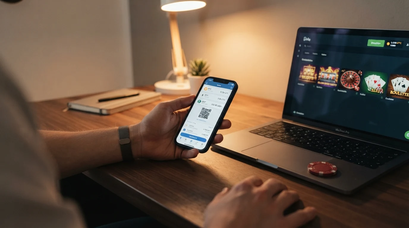 Mehrere Krypto-Wallet-Interfaces auf einem Bildschirm mit Casino-Hintergrund, BTC- und ETH-Symbole sichtbar
