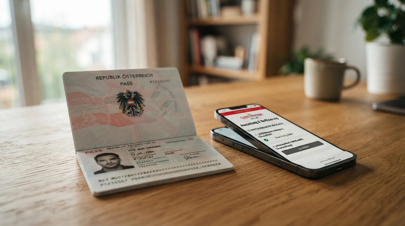 Ein aufgeklappter österreichischer Reisepass neben einem Smartphone mit geöffnetem Casino-KYC-Formular und dem Hinweis „Auszahlung nach Identitätsprüfung“