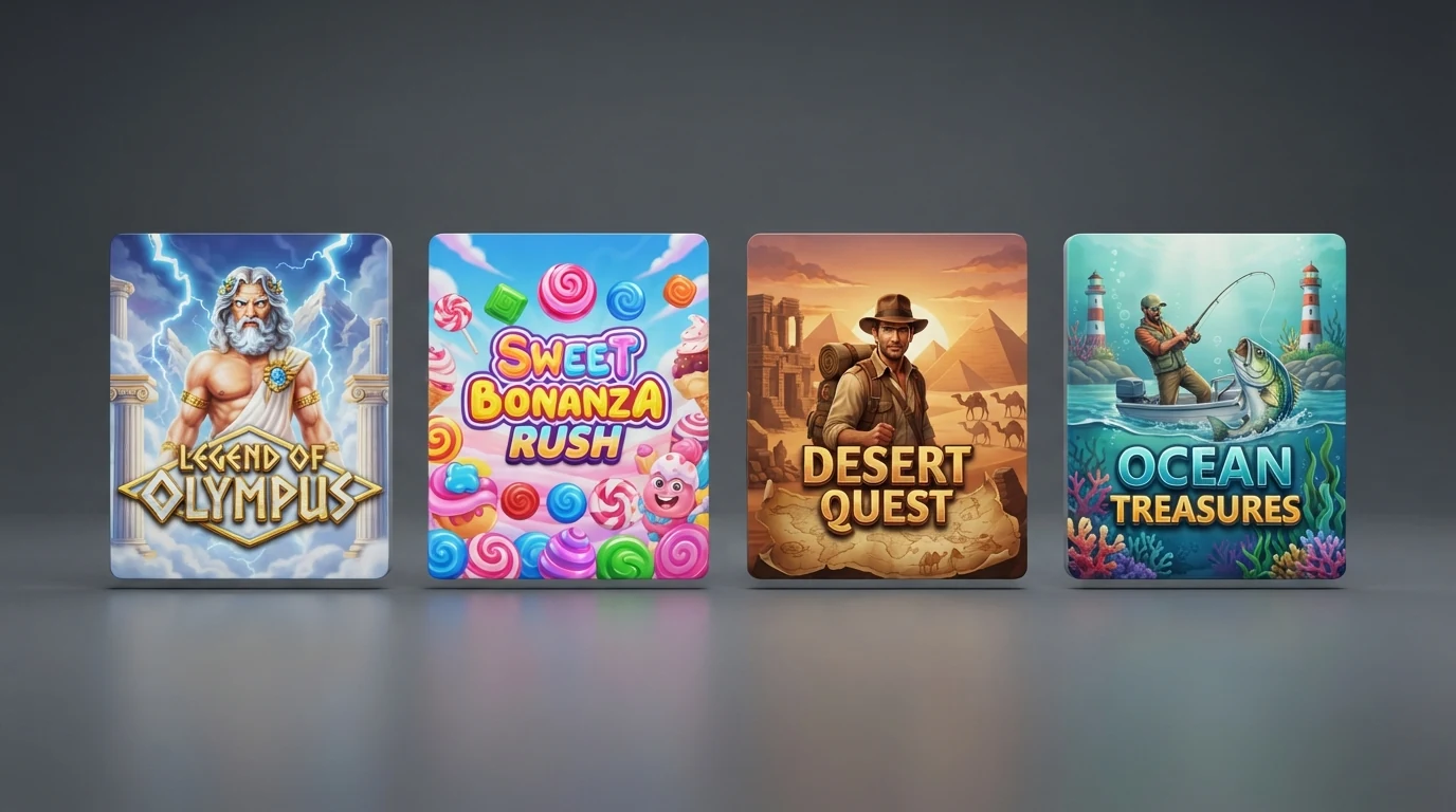 Bildschirm mit mehreren Spielautomaten-Covern — Gates of Olympus, Sweet Bonanza, Book of Dead und Big Bass Bonanza