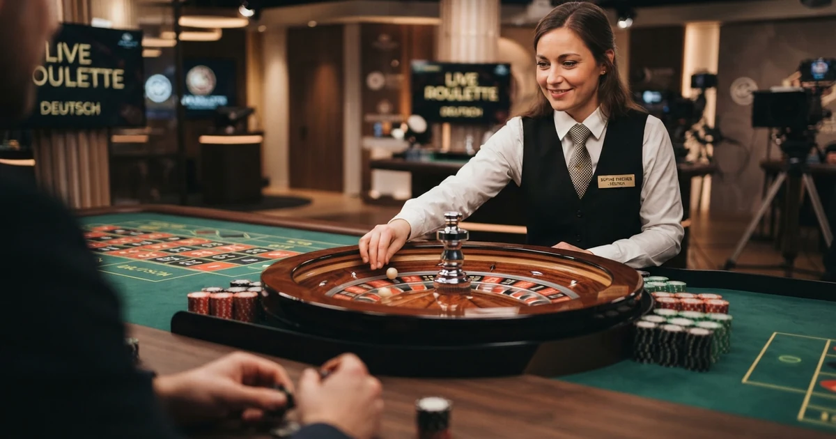 Ein Live-Roulette-Tisch mit Croupier vor einer Kamera, das Wettfeld mit Zahlen und Farben im Vordergrund