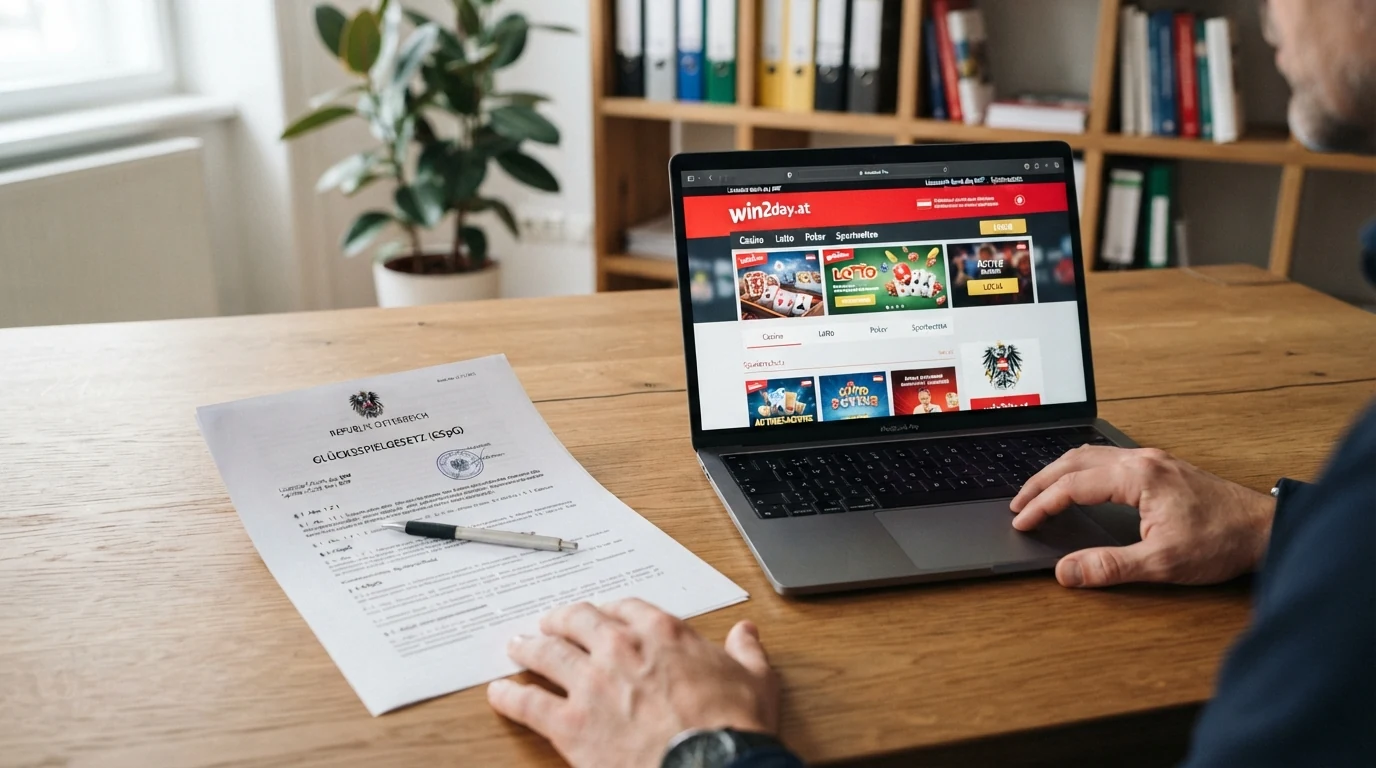 Offizielles Dokument mit dem Schriftzug Glücksspielgesetz und dem österreichischen Bundesadler neben einem Bildschirm, der eine Casino-Startseite zeigt