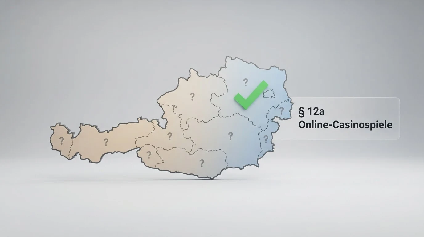 Eine stilisierte Österreich-Karte mit einem Häkchen-Symbol über Wien und Fragezeichen-Symbolen über dem Rest des Landes — daneben ein Auszug aus dem GSpG mit dem Paragrafen zur Konzessionspflicht.
