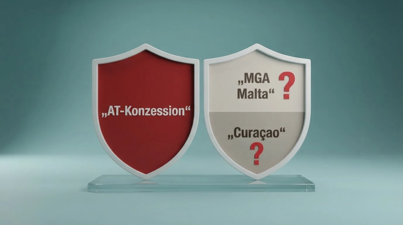 Eine Gegenüberstellung auf einem Bildschirm: links das win2day-Logo mit dem Schriftzug AT-Konzession, rechts MGA- und Curaçao-Lizenzsiegel mit einem roten Fragezeichen