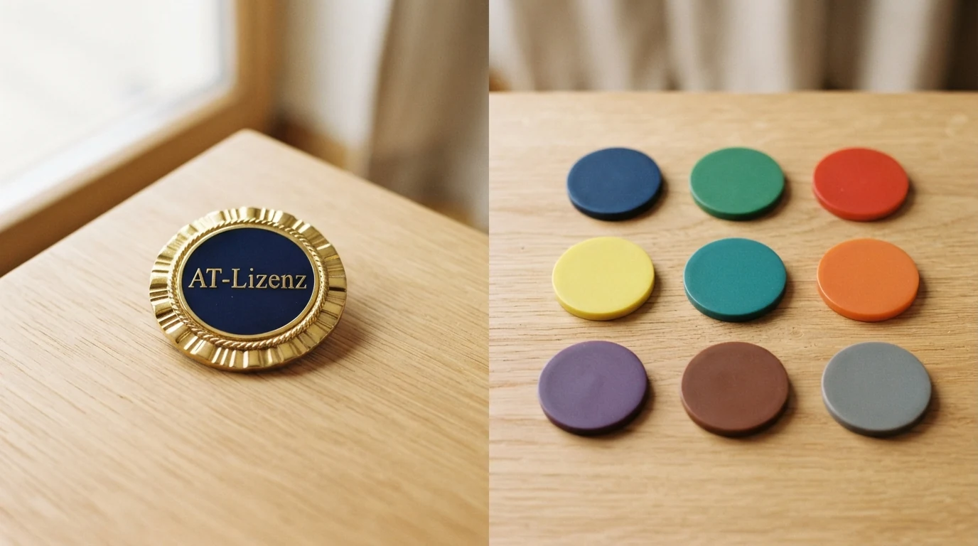 Zehn Casino-Logos in zwei Gruppen aufgeteilt: ein Logo links unter der Überschrift „AT-Konzession“, neun Logos rechts unter „Andere Lizenz (MGA/Curaçao/GGL)“