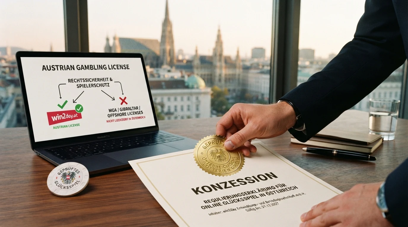 Schematische Darstellung des österreichischen Konzessionssystems: ein Pfeil vom BMF zur Österreichischen Lotterien GmbH, daneben ein durchgestrichener Block mit MGA- und Curaçao-Lizenzen