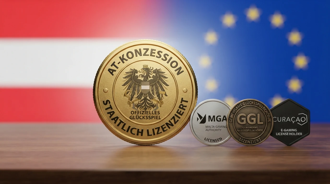Schematische Gegenüberstellung: links das österreichische Wappen mit einem Schloss-Symbol für das Monopol, rechts EU-Flagge und Curaçao-Flagge für Offshore-Alternativen