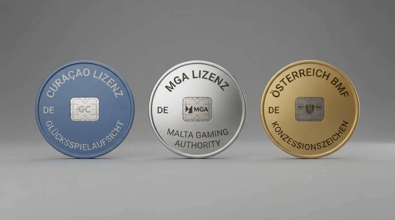 Grafische Gegenüberstellung der drei relevanten Lizenztypen: Curaçao-Siegel, MGA-Logo, österreichisches BMF-Konzessionszeichen