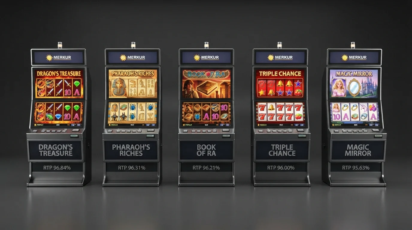 Bildschirmansichten der fünf wichtigsten Merkur-Slots — Eye of Horus, Blazing Star, Magic Mirror Deluxe, Book of Dead und Dragon‘s Treasure — mit sichtbaren Walzen und Gewinnsymbolen