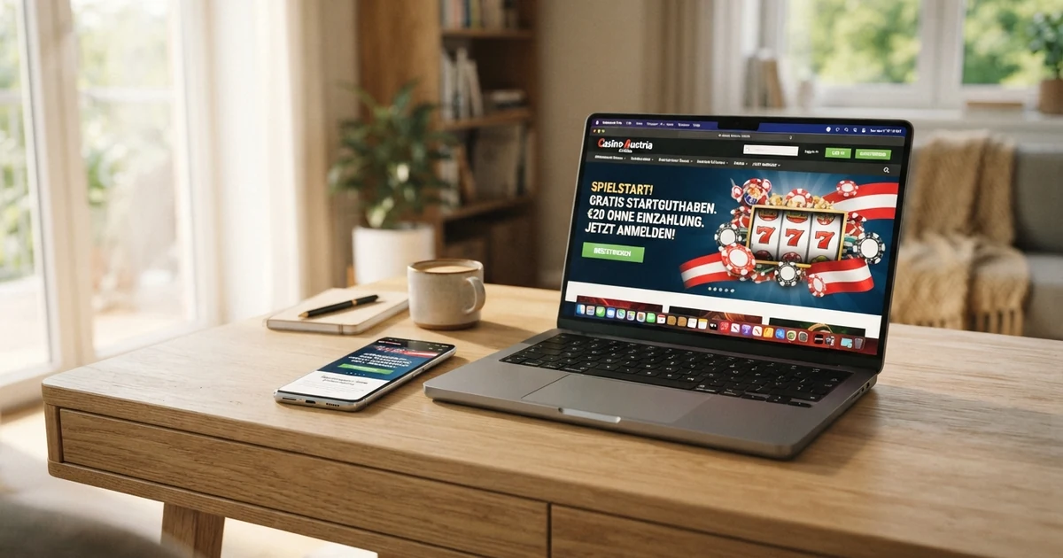 Ein geöffnetes Online-Casino auf einem Laptop-Bildschirm mit einem hervorgehobenen Bonus-Fenster, das „Startguthaben“ und „ohne Einzahlung“ anzeigt, daneben ein Smartphone mit derselben Casino-Seite