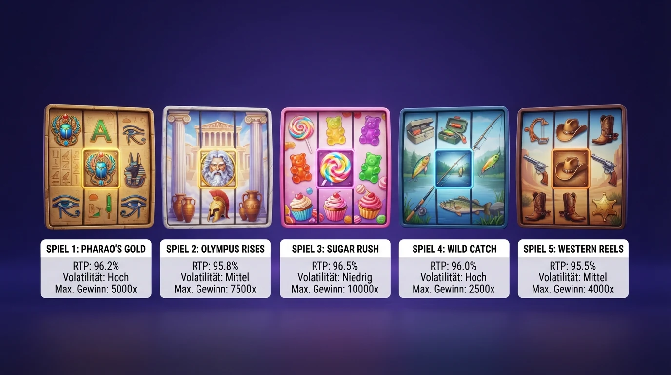Fünf aktuelle Spielautomaten mit ihren RTP-Werten Volatilitäts-Stufen und maximalen Gewinn-Multiplikatoren im direkten Vergleich