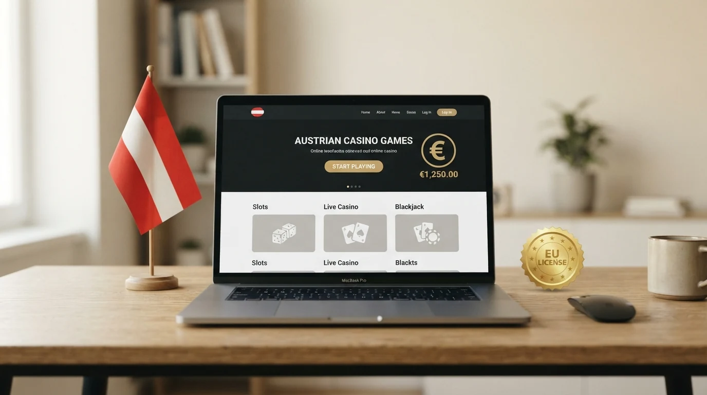 Eine österreichische Flagge und ein Euro-Zeichen neben einer Casino-Oberfläche auf einem Laptop, im Hintergrund schemenhaft EU-Lizenz-Siegel