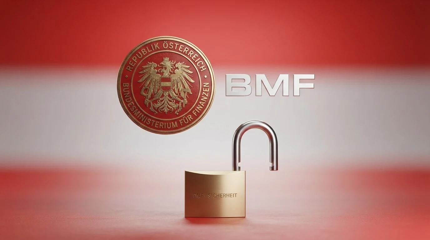 Das offizielle Logo der Republik Österreich neben dem BMF-Schriftzug und einem aufgesperrten Vorhängeschloss-Symbol