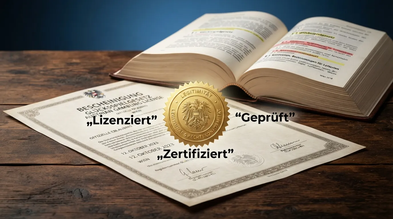 Offizielles Dokument mit Bundesadler und dem Titel „Glücksspielgesetz — Konzessionsbescheid“, daneben ein aufgeschlagenes Gesetzbuch mit markierten Paragrafen