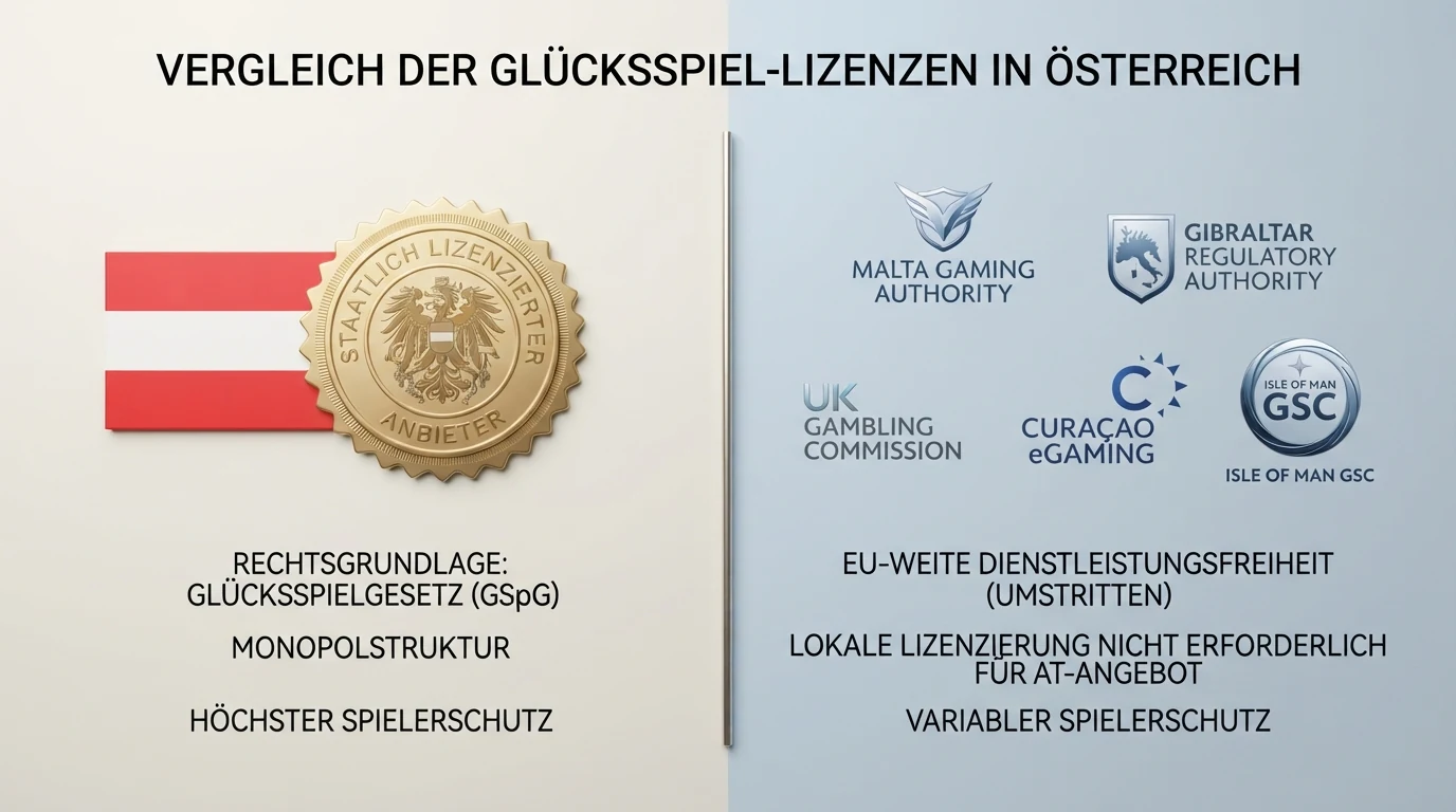 Schematische Gegenüberstellung: win2day mit AT-Konzessionslogo auf der einen Seite, MGA/Gibraltar/Curaçao-Lizenzlogos auf der anderen — durch eine Linie getrennt
