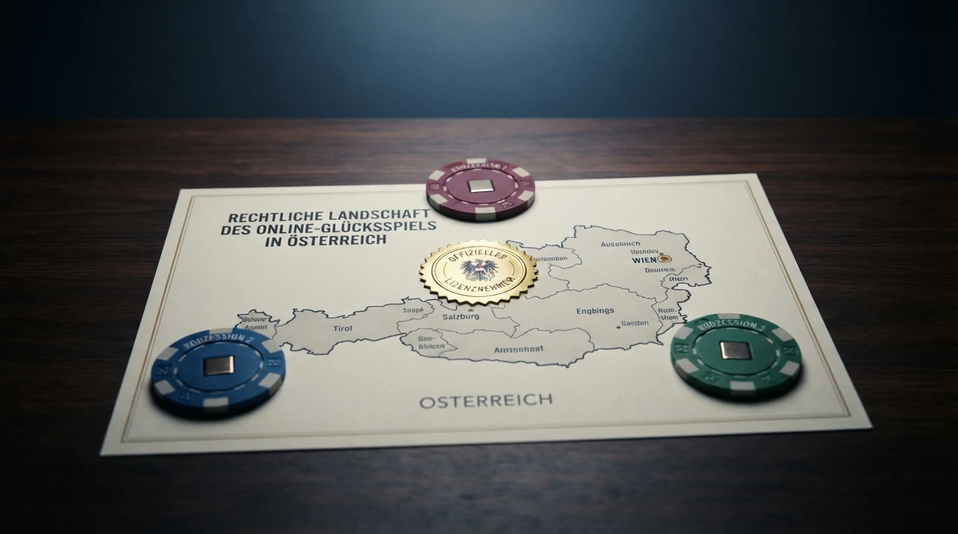 Stilisierte Österreich-Karte mit einem Häkchen bei win2day und einem Info-Symbol bei MGA- und Curaçao-Lizenzen