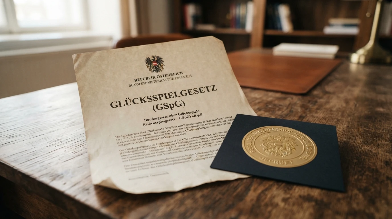 Offizielles Dokument mit österreichischem Bundesadler und dem Titel „Glücksspielgesetz“, daneben die Logos von MGA und Curaçao-Lizenzbehörden