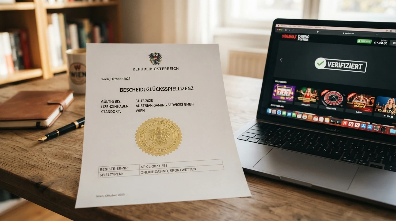 Offizielles Dokument mit Siegel der Republik Österreich und dem Schriftzug „Glücksspielgesetz“ neben einem Bildschirm mit Casino-Interface