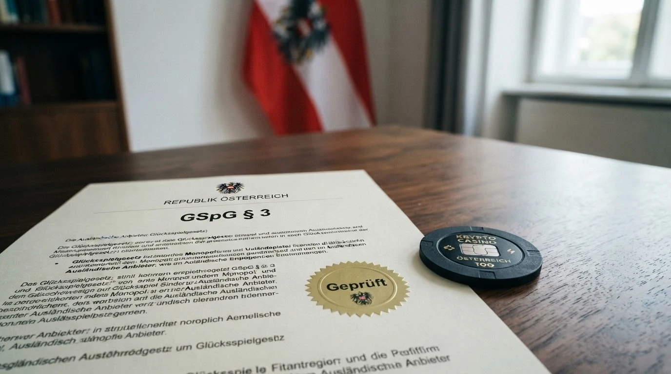 Offiziell wirkende Symbolik: ein stilisiertes österreichisches Wappen oder Parlamentsgebäude neben einem Dokument mit der Aufschrift „GSpG“ und einem durchgestrichenen Casino-Symbol