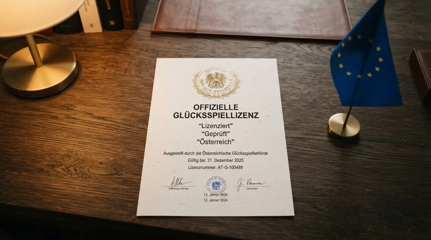 Ein offiziell wirkendes Dokument oder Gütesiegel mit Bezug zu Glücksspiel und Österreich, daneben die EU-Flagge als Verweis auf die SEPA-Regulierung