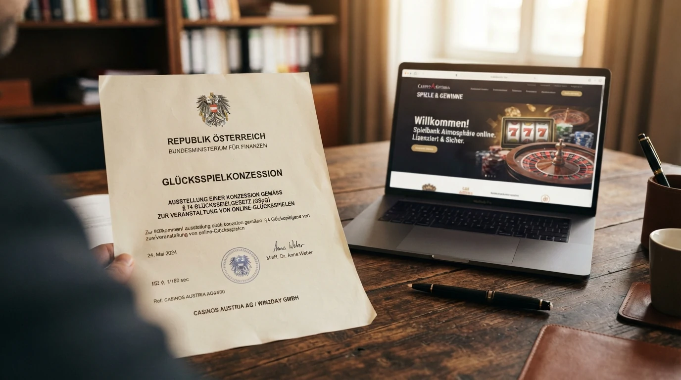 Ein offizielles Dokument mit dem österreichischen Bundeswappen und der Überschrift „Glücksspielkonzession“ neben einem Bildschirm mit einer Casino-Startseite