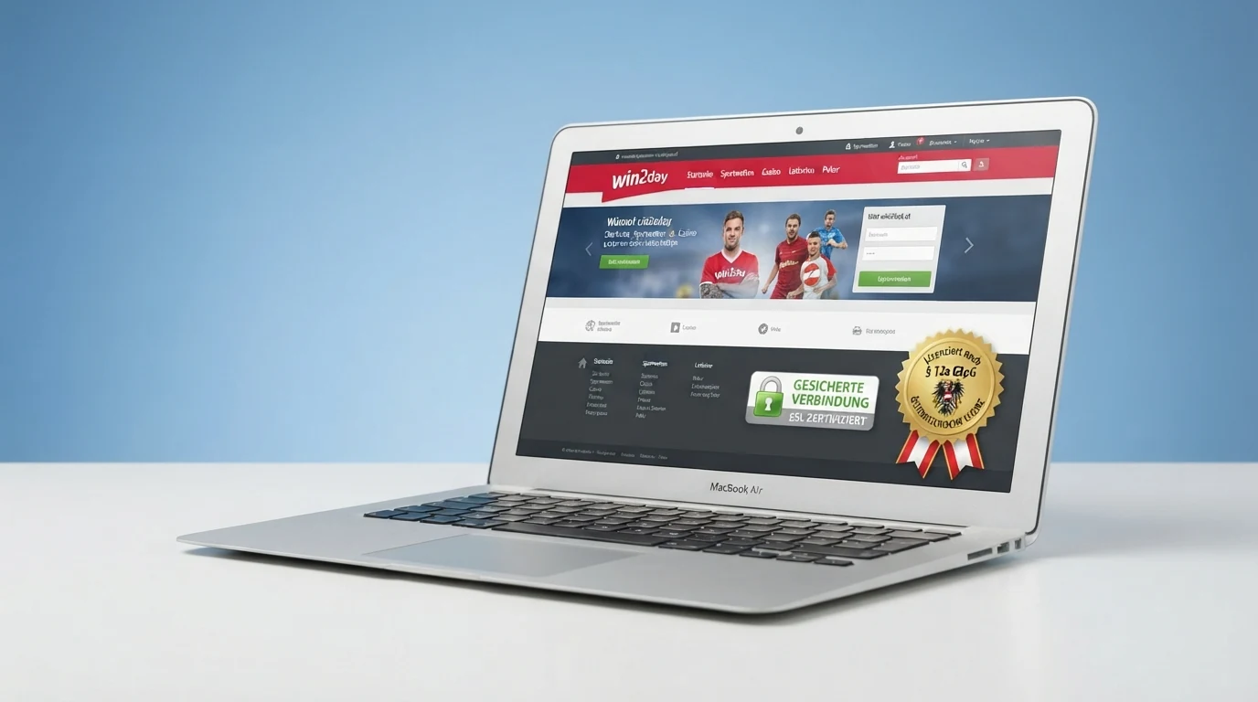 Screenshot der offiziellen Website der Österreichischen Lotterien (win2day) mit sichtbarem Lizenzhinweis und SSL-Zertifikat