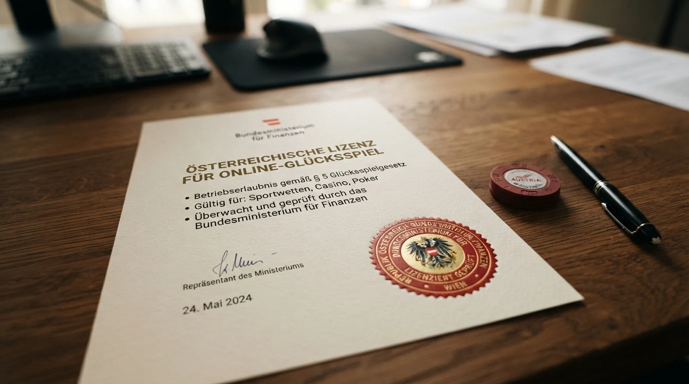 Eine stilisierte Österreich-Karte mit dem win2day-Logo als einzigem lizenziertem Anbieter, während Offshore-Casinos ausgegraut im Hintergrund stehen.