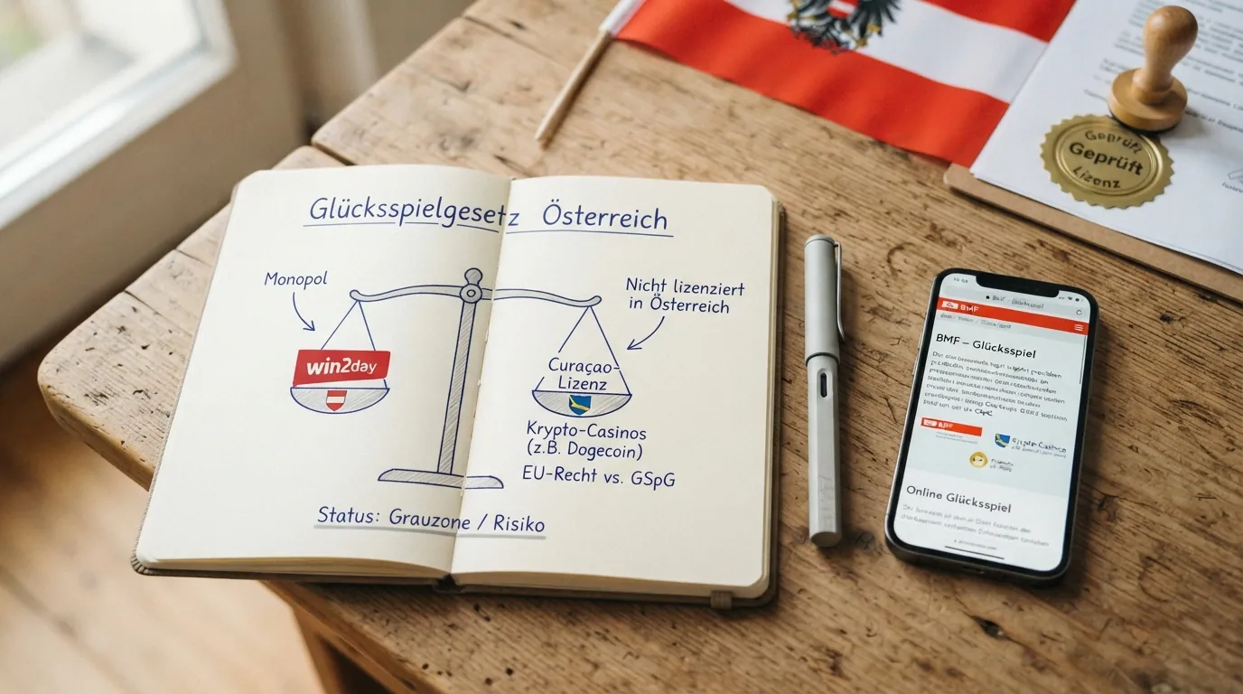 Ein amtliches Dokument des BMF mit dem Titel Glücksspielgesetz neben dem win2day-Logo und einer Curaçao-Lizenzurkunde