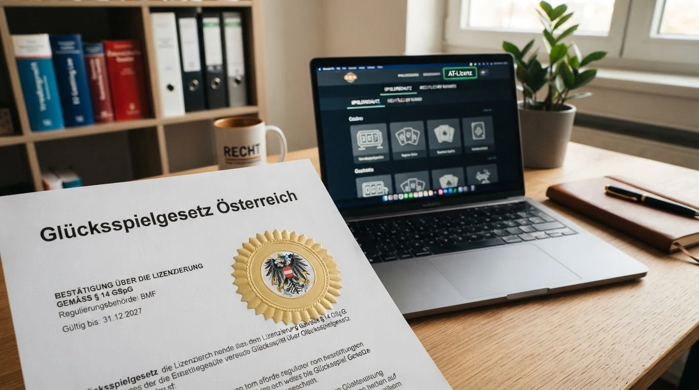 Eine stilisierte Illustration des österreichischen Glücksspielgesetzes: Bundesadler, Paragrafenzeichen und ein einziges Lizenzsiegel neben einer Reihe leerer Siegelrahmen