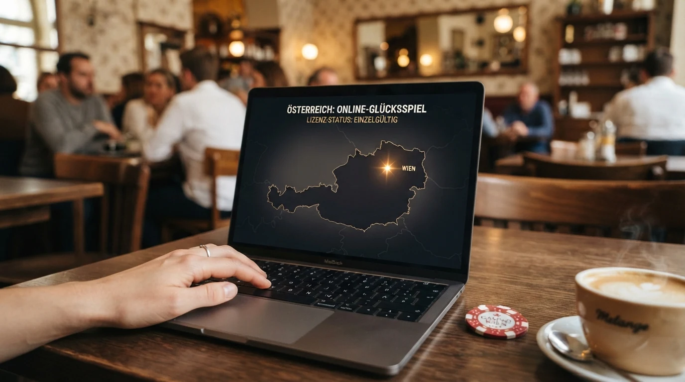 Eine stilisierte Österreich-Karte mit einem einzigen leuchtenden Punkt für die win2day-Konzession, umgeben von ausgegrauten Logos ausländischer Lizenzgeber (MGA, Gibraltar)