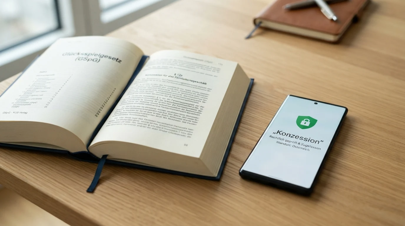 Ein aufgeklapptes österreichisches Gesetzbuch (GSpG) neben einem Smartphone, auf dessen Display ein Schloss-Symbol und das Wort „Konzession“ zu sehen sind