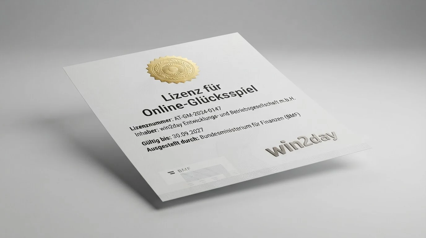 Offizielles Dokument mit dem österreichischen Glücksspielgesetz und dem Siegel des Bundesministeriums für Finanzen neben dem win2day-Logo