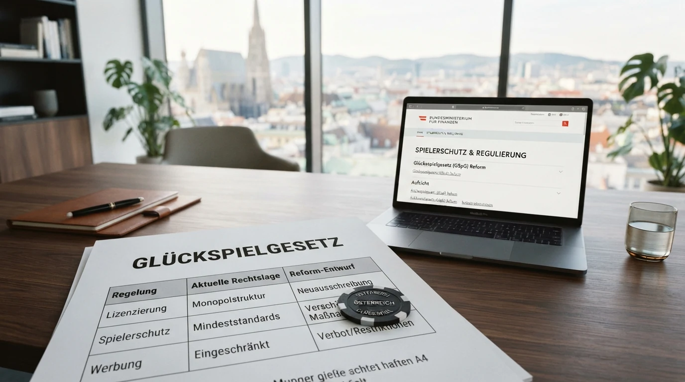Offizielles Gebäude des Bundesministeriums für Finanzen in Wien oder Dokument mit Glücksspielgesetz-Schriftzug