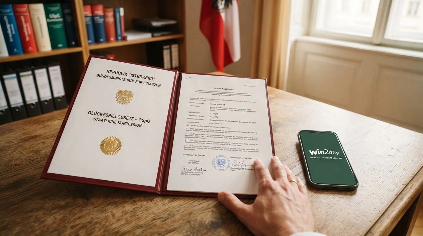 Das offizielle Gebäude des Bundesministeriums für Finanzen in Wien, das win2day-Logo und ein aufgeschlagenes Dokument mit dem Titel „Glücksspielgesetz – GSpG“