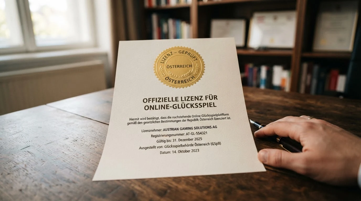 Offiziell wirkendes Lizenzdokument mit Siegel und der Aufschrift „Konzession“, auf einem Schreibtisch liegend