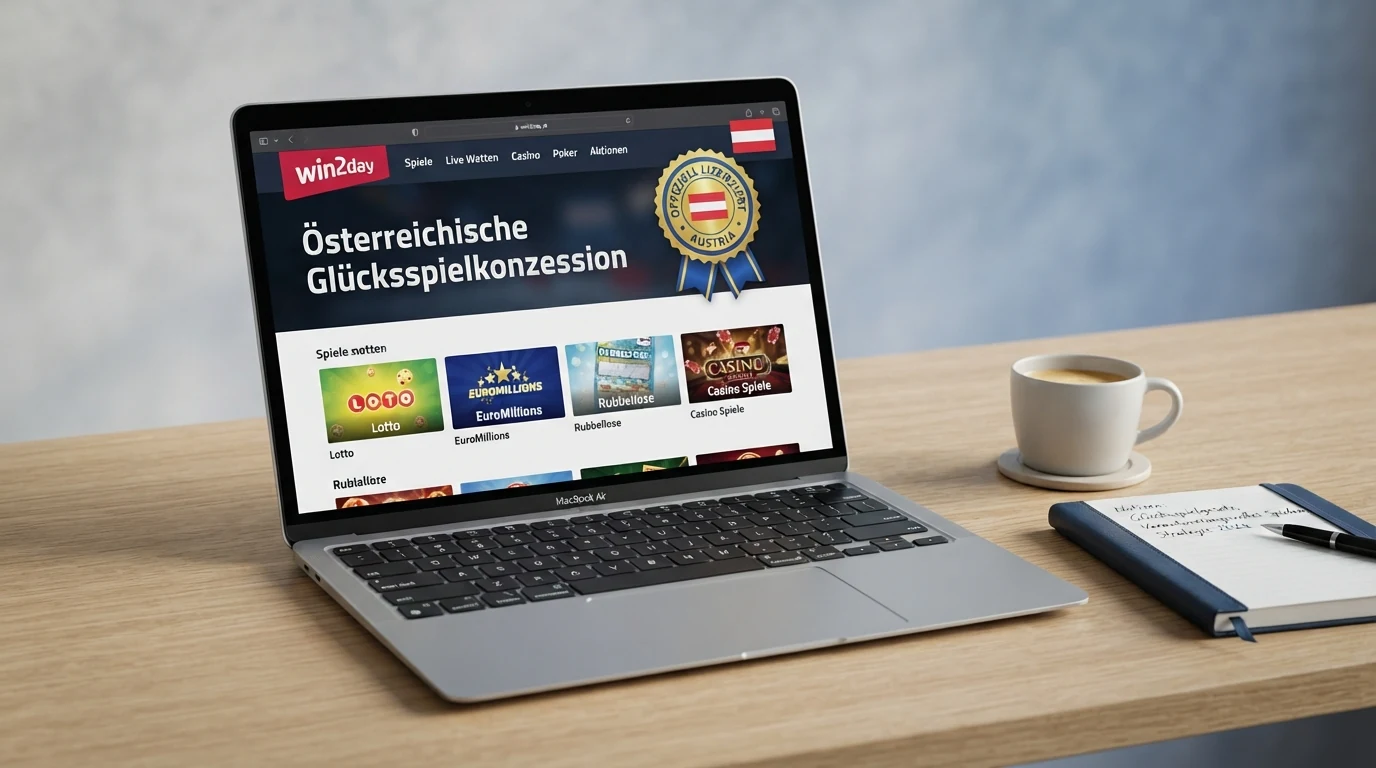 Screenshot der win2day-Startseite mit sichtbarem Hinweis auf die österreichische Glücksspielkonzession und das BMF-Logo